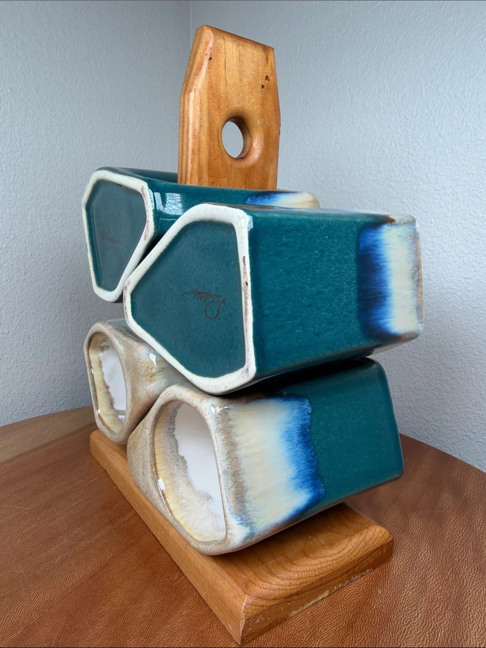 Vtg Padilla Blue Drip Glaze Stacking Signed 4 Coffee Mugs & Wood Stand Mexican